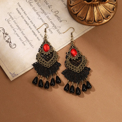 1 Pair IG Style Retro Geometric Tassel Hollow Out Inlay Alloy Lace Glass Drop Earrings