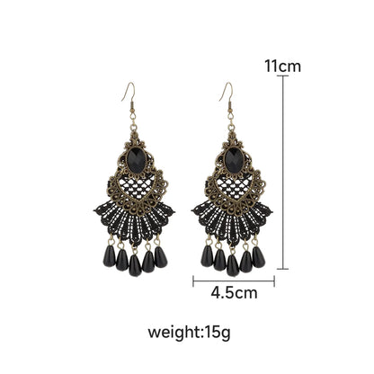 1 Pair IG Style Retro Geometric Tassel Hollow Out Inlay Alloy Lace Glass Drop Earrings