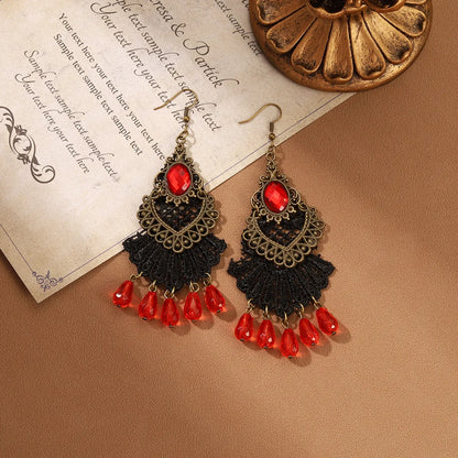 1 Pair IG Style Retro Geometric Tassel Hollow Out Inlay Alloy Lace Glass Drop Earrings