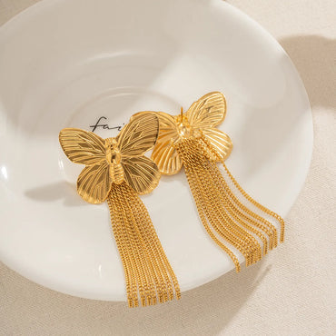 1 Pair Ig Style Retro Modern Style Tassel Butterfly Plating Stainless Steel 18k Gold Plated Drop Earrings