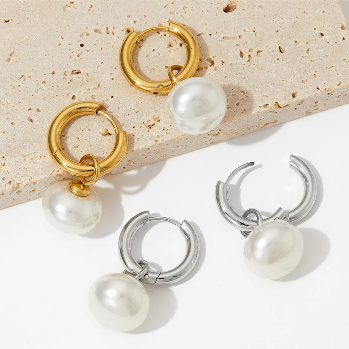 1 Pair IG Style Round Plating Inlay 304 Stainless Steel Pearl 16K Gold Plated White Gold Plated Gold Plated Drop Earrings