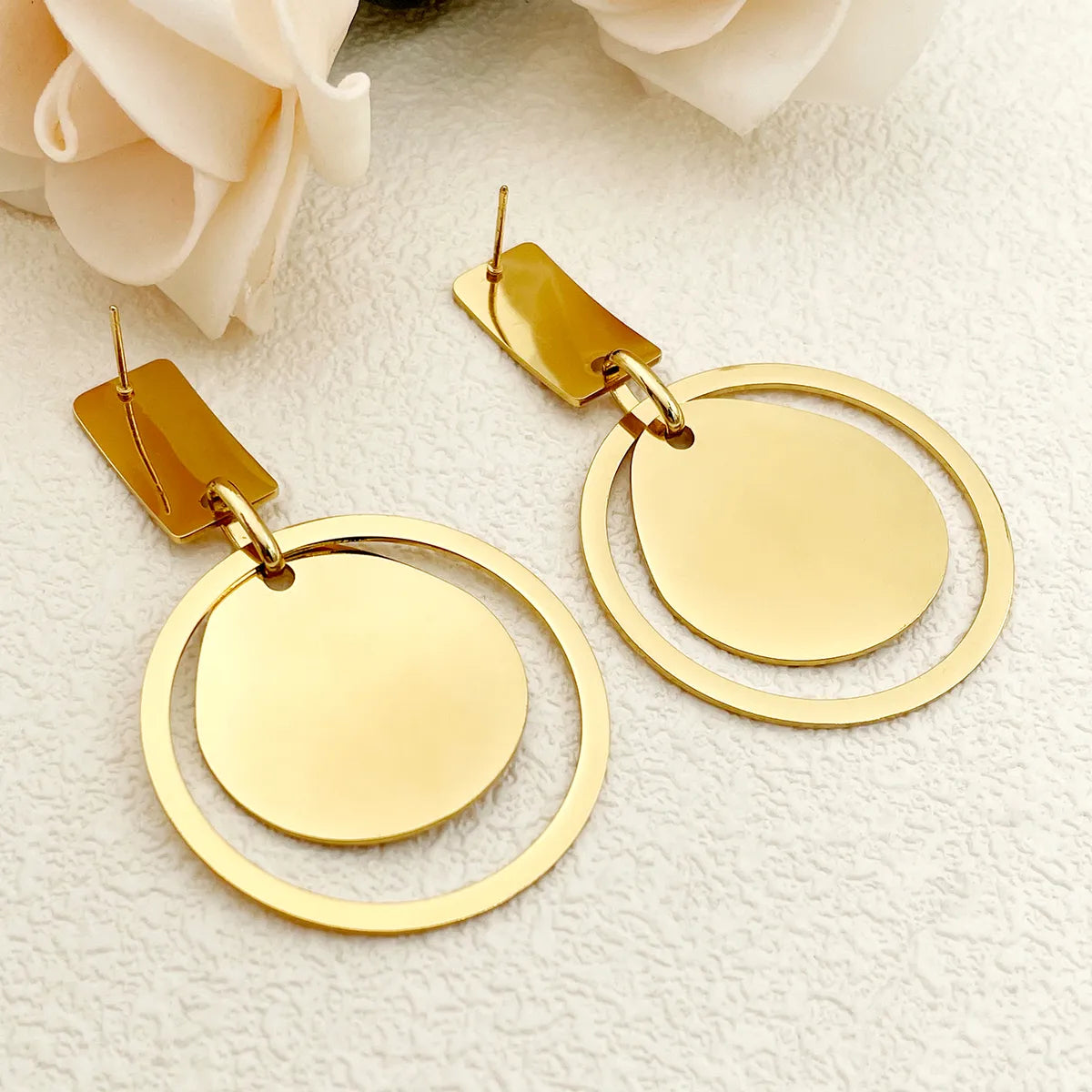 1 Pair IG Style Round Plating 304 Stainless Steel 14K Gold Plated Drop Earrings