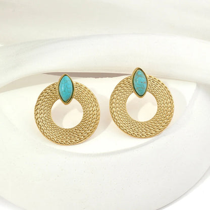 1 Pair Ig Style Round Polishing Plating Inlay Titanium Steel Natural Stone 18k Gold Plated Ear Studs