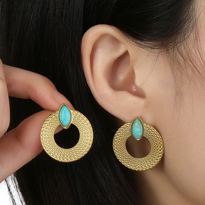 1 Pair Ig Style Round Polishing Plating Inlay Titanium Steel Natural Stone 18k Gold Plated Ear Studs