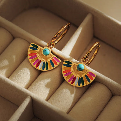 1 Pair IG Style Sector Heart Shape Inlay Stainless Steel Turquoise Rhinestones 18K Gold Plated Earrings