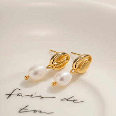 1 Pair IG Style Shell Pearl 304 Stainless Steel 18K Gold Plated Drop Earrings