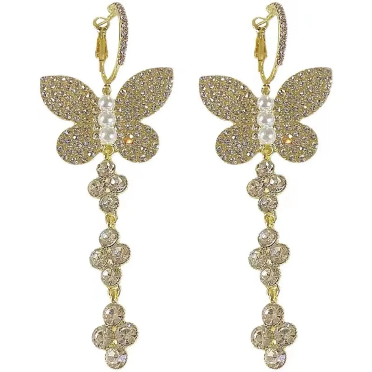 1 Pair Ig Style Shiny Butterfly Inlay Alloy Rhinestones Pearl Drop Earrings