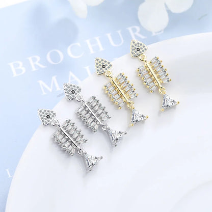 1 Pair IG Style Shiny Fish Bone Inlay Copper Zircon Drop Earrings