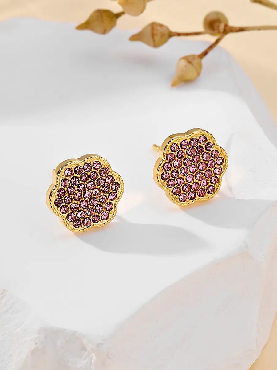 1 Pair Ig Style Shiny Flower Plating Inlay Stainless Steel Zircon 18k Gold Plated Ear Studs