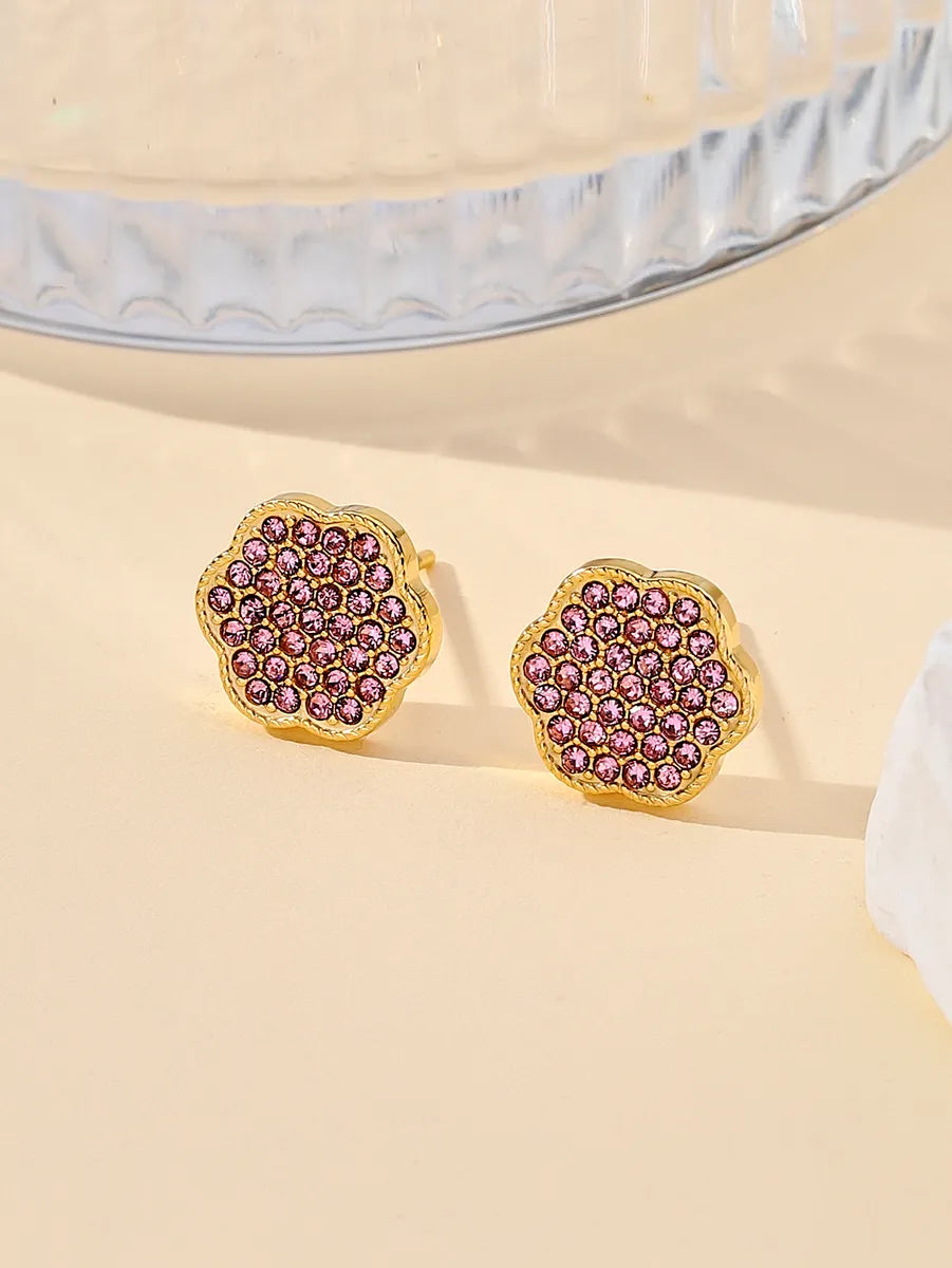 1 Pair Ig Style Shiny Flower Plating Inlay Stainless Steel Zircon 18k Gold Plated Ear Studs