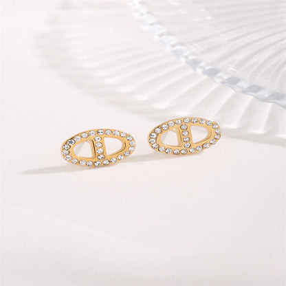 1 Pair IG Style Shiny Oval Plating Inlay Titanium Steel Rhinestones 18K Gold Plated Ear Studs