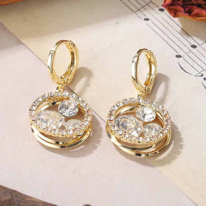 1 Pair IG Style Shiny Round Inlay Alloy Rhinestones 18K Gold Plated Drop Earrings