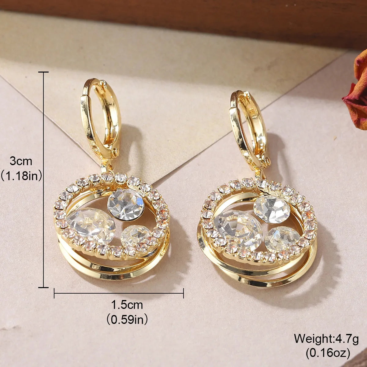 1 Pair IG Style Shiny Round Inlay Alloy Rhinestones 18K Gold Plated Drop Earrings