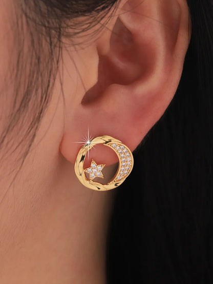 1 Pair Ig Style Shiny Star Moon Plating Inlay Brass Zircon 18k Gold Plated Ear Studs