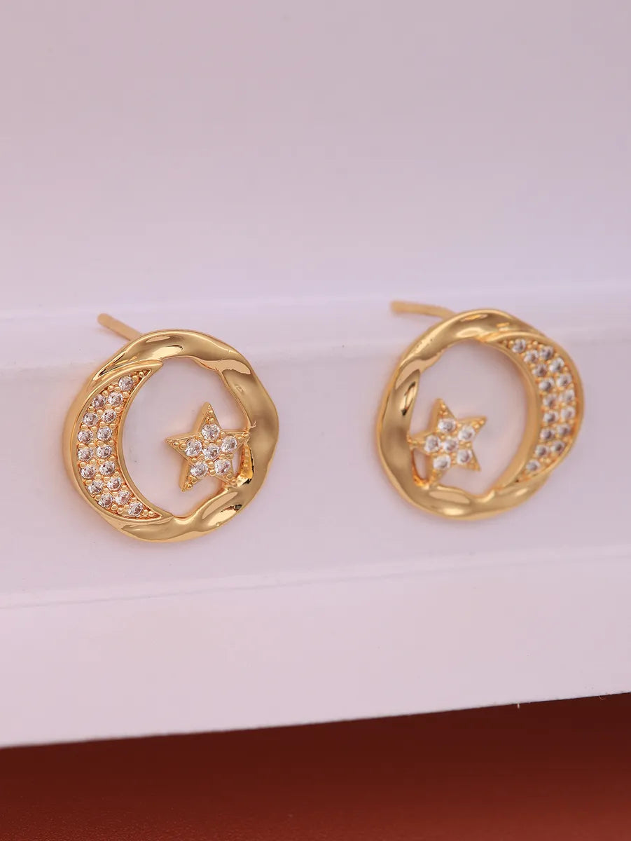 1 Pair Ig Style Shiny Star Moon Plating Inlay Brass Zircon 18k Gold Plated Ear Studs