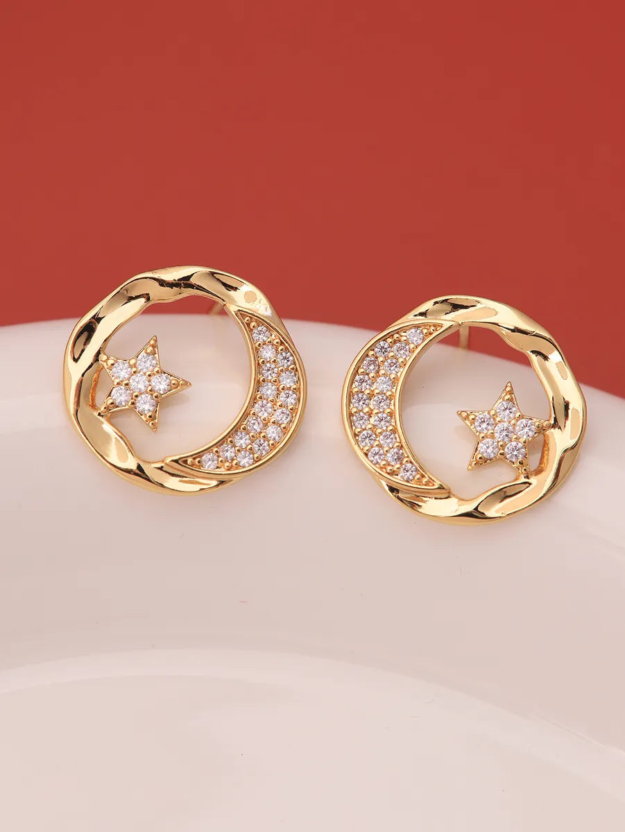 1 Pair Ig Style Shiny Star Moon Plating Inlay Brass Zircon 18k Gold Plated Ear Studs