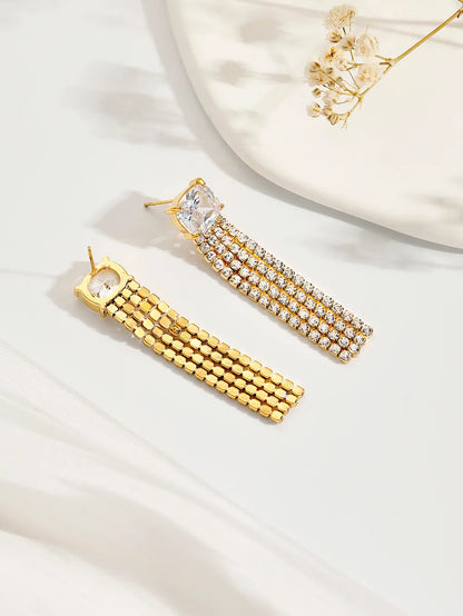 1 Pair Ig Style Shiny Tassel Rectangle Plating Inlay Stainless Steel Zircon 18k Gold Plated Drop Earrings