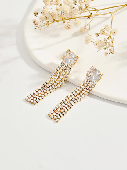 1 Pair Ig Style Shiny Tassel Rectangle Plating Inlay Stainless Steel Zircon 18k Gold Plated Drop Earrings