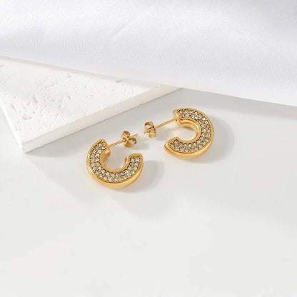 1 Pair IG Style Simple Style C Shape Geometric Plating Inlay 304 Stainless Steel Artificial Pearls Zircon 18K Gold Plated Earrings