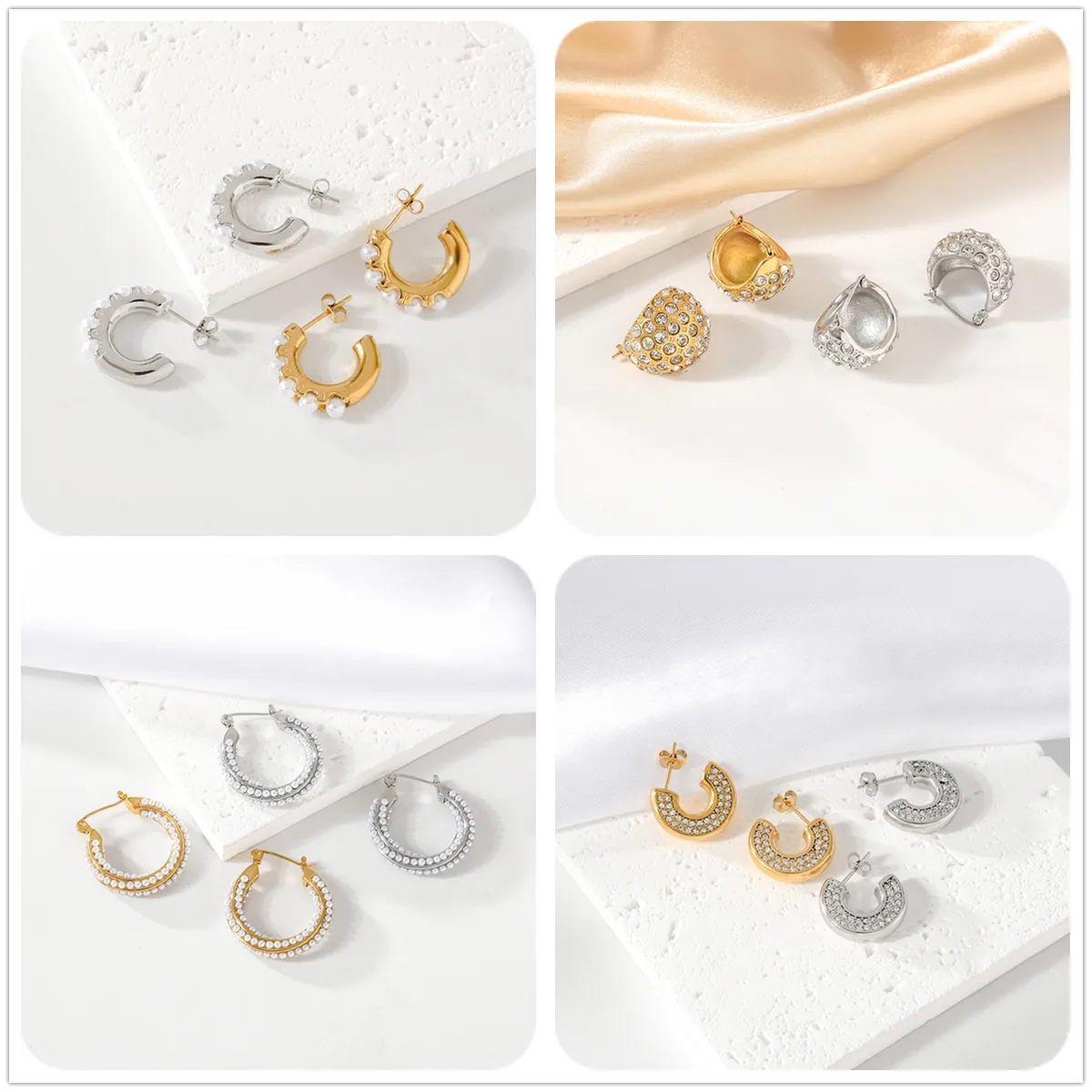 1 Pair IG Style Simple Style C Shape Geometric Plating Inlay 304 Stainless Steel Artificial Pearls Zircon 18K Gold Plated Earrings