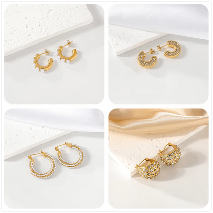 1 Pair IG Style Simple Style C Shape Geometric Plating Inlay 304 Stainless Steel Artificial Pearls Zircon 18K Gold Plated Earrings