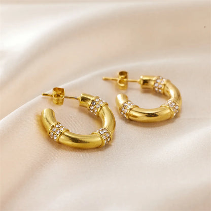 1 Pair Ig Style Simple Style C Shape Plating Inlay Stainless Steel Rhinestones 18k Gold Plated Ear Studs