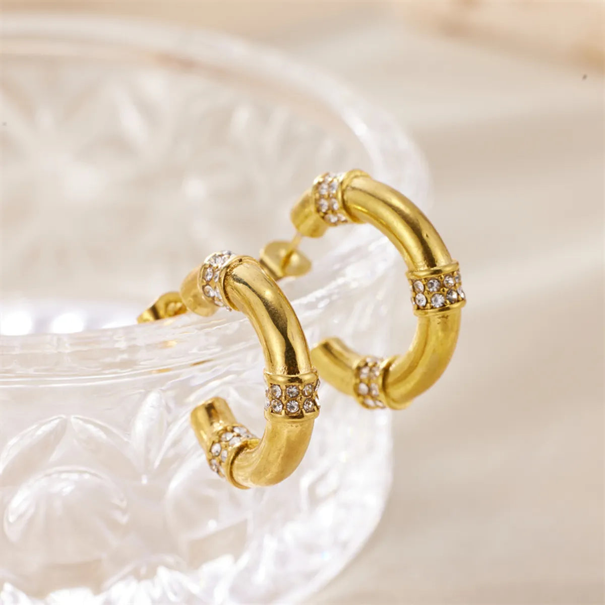 1 Pair Ig Style Simple Style C Shape Plating Inlay Stainless Steel Rhinestones 18k Gold Plated Ear Studs