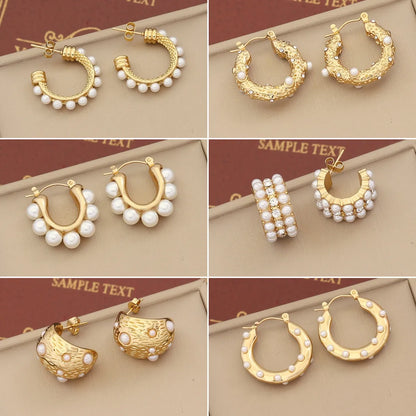 1 Pair IG Style Simple Style C Shape Solid Color Inlay Stainless Steel Artificial Pearls Zircon 18K Gold Plated Ear Studs