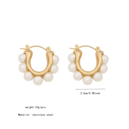 1 Pair IG Style Simple Style C Shape Solid Color Inlay Stainless Steel Artificial Pearls Zircon 18K Gold Plated Ear Studs