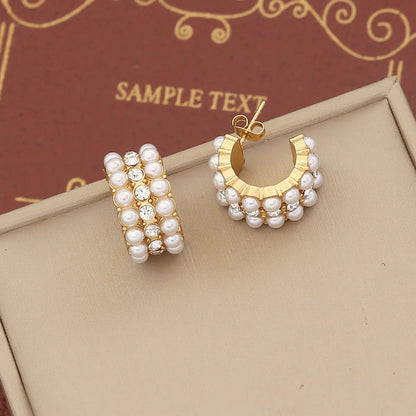 1 Pair IG Style Simple Style C Shape Solid Color Inlay Stainless Steel Artificial Pearls Zircon 18K Gold Plated Ear Studs