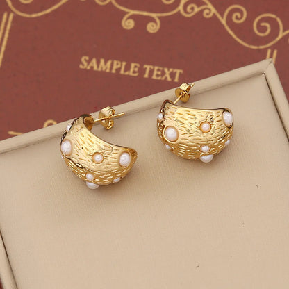 1 Pair IG Style Simple Style C Shape Solid Color Inlay Stainless Steel Artificial Pearls Zircon 18K Gold Plated Ear Studs