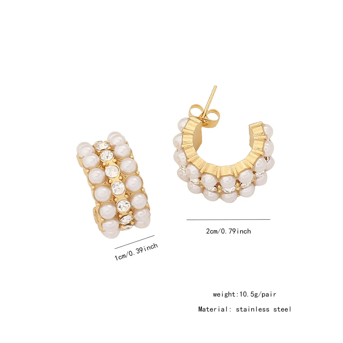 1 Pair IG Style Simple Style C Shape Solid Color Inlay Stainless Steel Artificial Pearls Zircon 18K Gold Plated Ear Studs