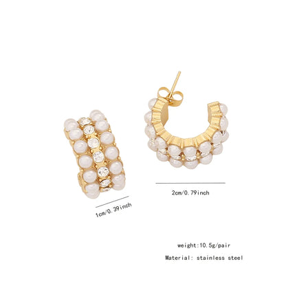 1 Pair IG Style Simple Style C Shape Solid Color Inlay Stainless Steel Artificial Pearls Zircon 18K Gold Plated Ear Studs