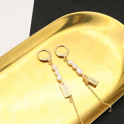 1 Pair Ig Style Simple Style Chain Rectangle Pearl Plating Sterling Silver 18k Gold Plated Drop Earrings