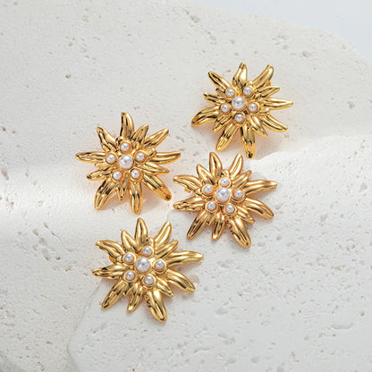 1 Pair IG Style Simple Style Chrysanthemum Inlay 304 Stainless Steel Pearl 14K Gold Plated Ear Studs