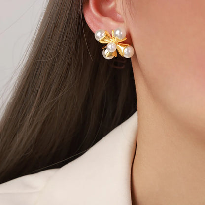 1 Pair Ig Style Simple Style Cross Plating Inlay Copper Artificial Pearls 18k Gold Plated Ear Studs