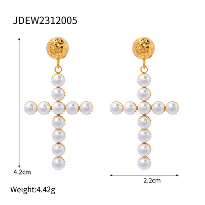 1 Pair IG Style Simple Style Cross Plating Inlay 304 Stainless Steel Pearl Drop Earrings