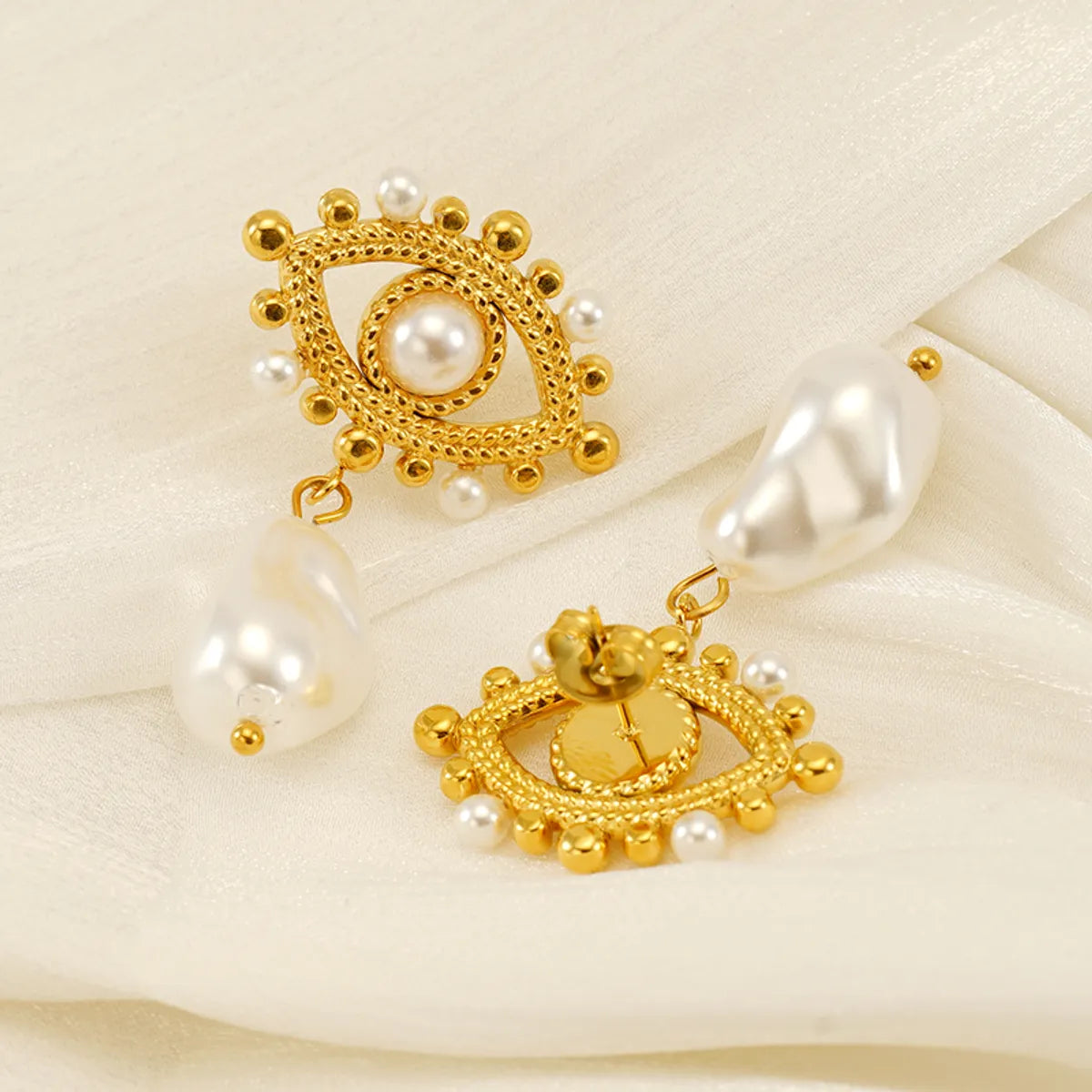 1 Pair IG Style Simple Style Eye Inlay 304 Stainless Steel Artificial Pearls 18K Gold Plated Drop Earrings