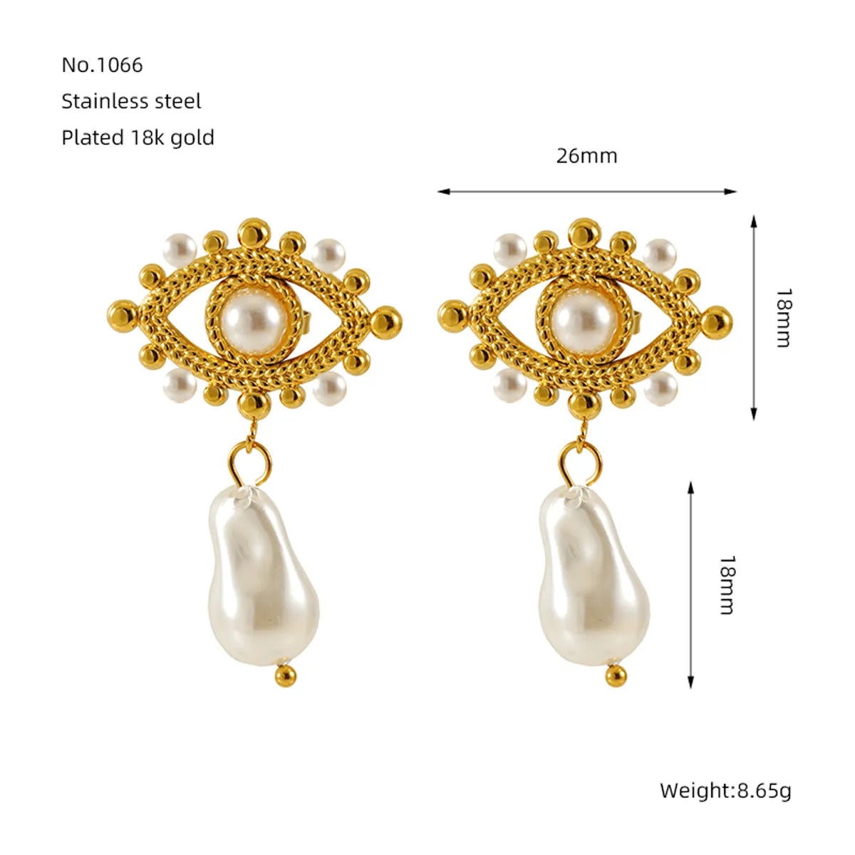 1 Pair IG Style Simple Style Eye Inlay 304 Stainless Steel Artificial Pearls 18K Gold Plated Drop Earrings