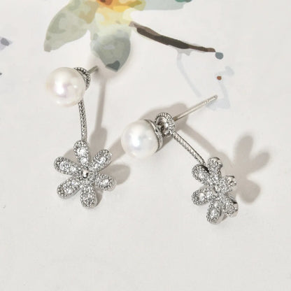 1 Pair Ig Style Simple Style Flower Plating Inlay Copper Artificial Pearls Zircon White Gold Plated Ear Studs