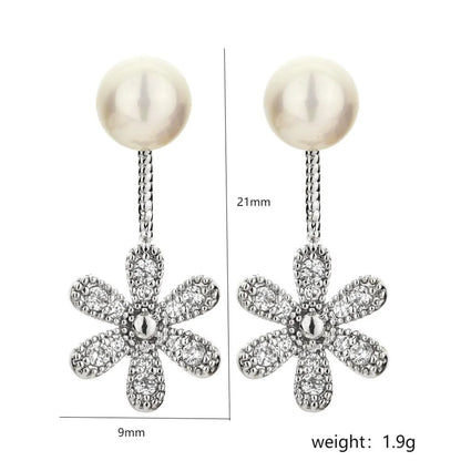 1 Pair Ig Style Simple Style Flower Plating Inlay Copper Artificial Pearls Zircon White Gold Plated Ear Studs