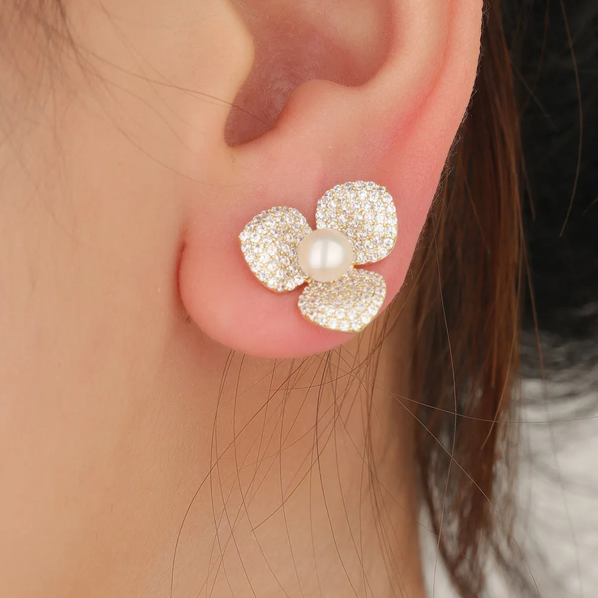 1 Pair Ig Style Simple Style Flower Plating Inlay Copper Ear Studs