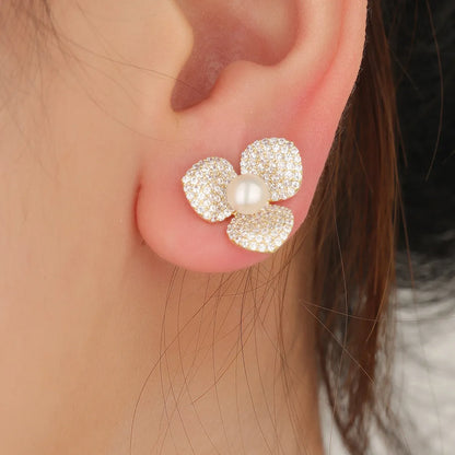 1 Pair Ig Style Simple Style Flower Plating Inlay Copper Ear Studs