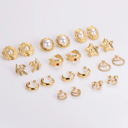 1 Pair IG Style Simple Style Geometric Inlay 304 Stainless Steel Artificial Pearls Rhinestones 18K Gold Plated Earrings Ear Studs