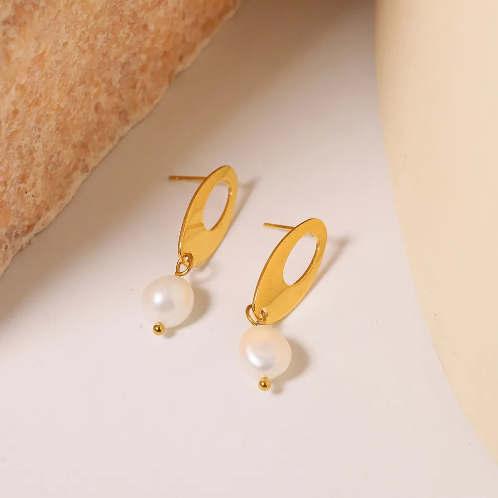 1 Pair IG Style Simple Style Geometric Pearl Hollow Out 304 Stainless Steel Pearl 18K Gold Plated Drop Earrings