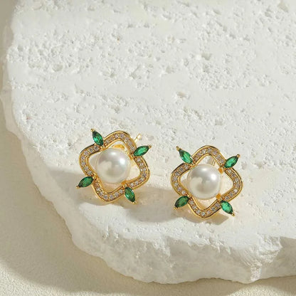 1 Pair Ig Style Simple Style Geometric Plating Inlay Copper Pearl Zircon 14k Gold Plated Earrings