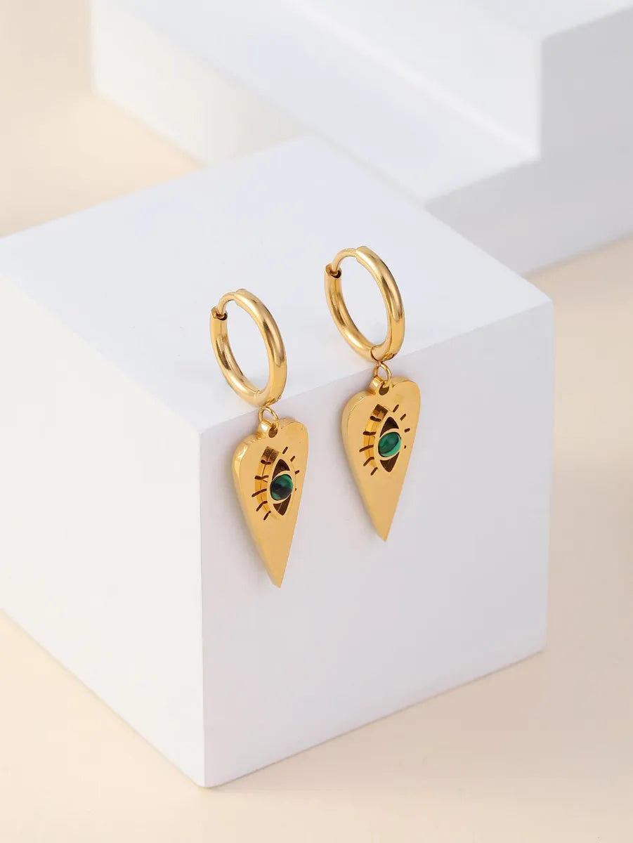 1 Pair Ig Style Simple Style Heart Shape Eye Plating Inlay Stainless Steel Turquoise 18k Gold Plated Drop Earrings