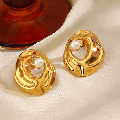 1 Pair IG Style Simple Style Irregular Oval Plating Hollow Out Inlay 304 Stainless Steel Artificial Pearls 18K Gold Plated Ear Studs