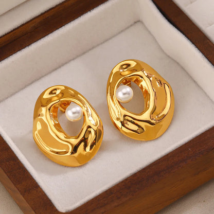 1 Pair IG Style Simple Style Irregular Oval Plating Hollow Out Inlay 304 Stainless Steel Artificial Pearls 18K Gold Plated Ear Studs