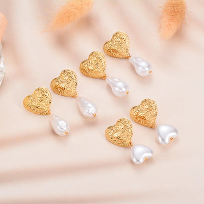 1 Pair Ig Style Simple Style Irregular Water Droplets Heart Shape Plating Stainless Steel Imitation Pearl Drop Earrings